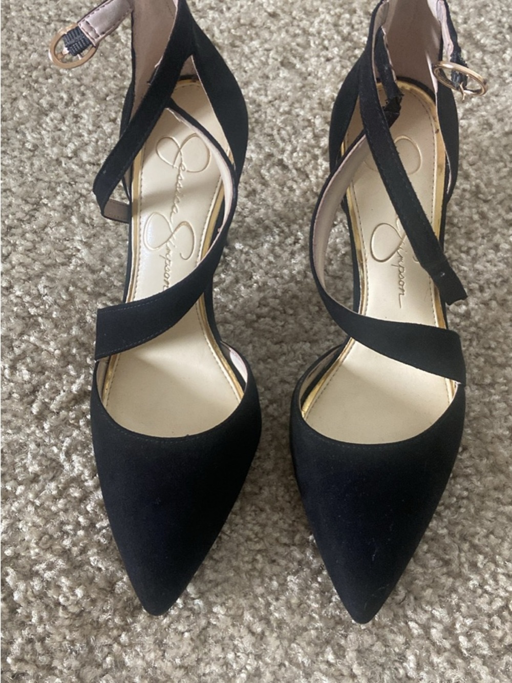 Jessica Simpson Black Pointed-Toe Crisscross Ankle Strap Heels